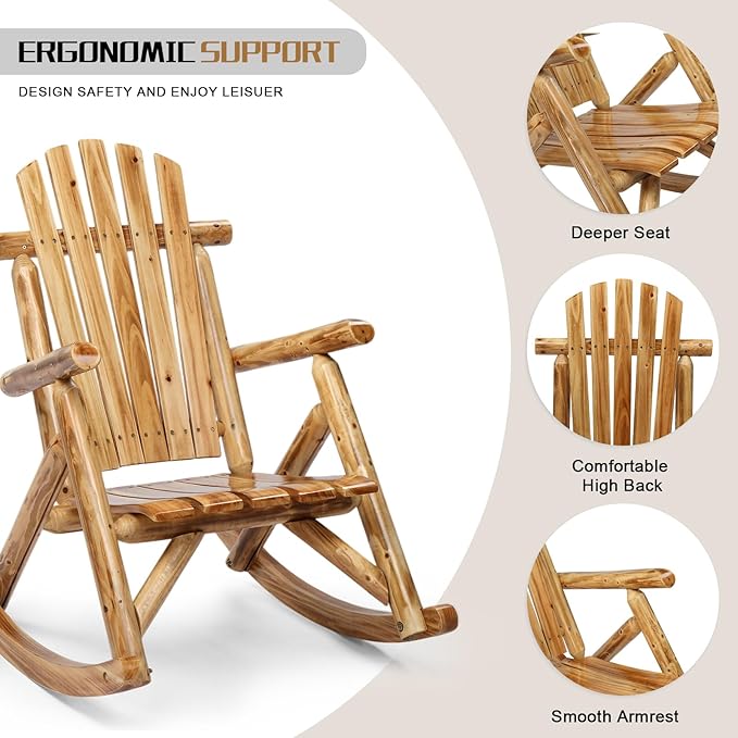Outvita Wooden Rocking Chair Set of 2, Fir Log Adirondack Rocker, Outdoor Wood Accent Furniture Lounge Chairs for Garden Patio Backyard Porch (Light carbonized)