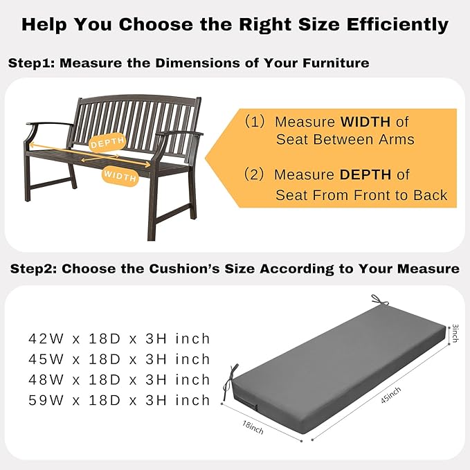 idee-home Outdoor Bench Cushion Waterproof, Bench Cushions for Outdoor Furniture, Patio Porch Swing Replacement Seat Pad with Ties for Garden Backyard, 45 x 18 Inch Dark Grey