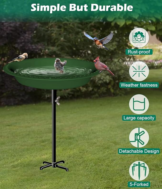 29 Inch Height Detachable Bird Bath with Metal Stake Stand, Oval Shape Birdbath Bowl Spa & Birdfeeder with 5-Prong Base for Outdoor Garden, Green