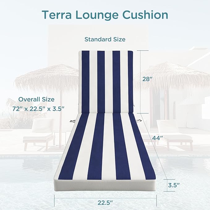 Codi Outdoor Lounge Chair Cushions, Chaise Cushion for Patio Furniture, Double Waterproof Fabric for Pool, Garden and Beach, 72 x 22.5 x 3.5 Inch 1PK Cabana Blue