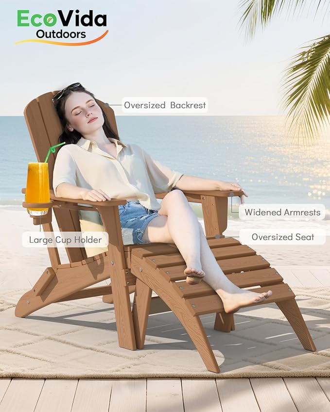 3-Piece Folding Adirondack Chair Set - 38" Extra Tall Back & Embossed Wood Grain, Oversized HDPE Patio Furniture with Side Table & Cup Holders, 380lb Heavy Duty, Cedar