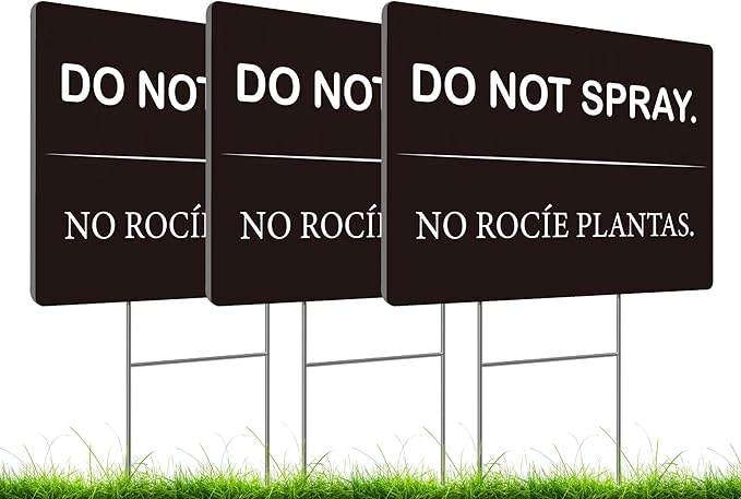Set of 3 Do Not Spray Yard Black Sign with Metal Stake 12x8 Inches - No Podar Las Plantas Signs for Outdoor or Indoor - Double Sided Bilingual Plant Sign or Plastic Garden Signs