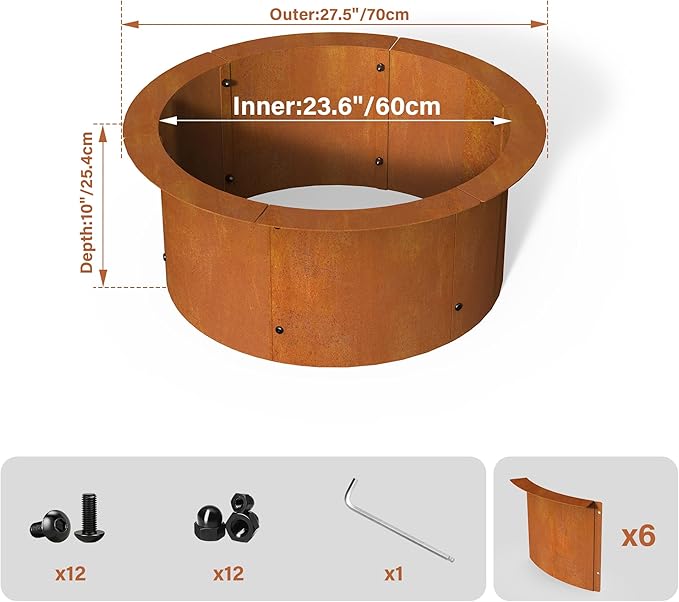 24" Extra Thickened Corten Steel Fire Pit Ring for Outdoor Wood Burning, Heavy-Duty Above & In-Ground Fire Ring, Round Backyard Patio Campfire Accessory for Family Gathering