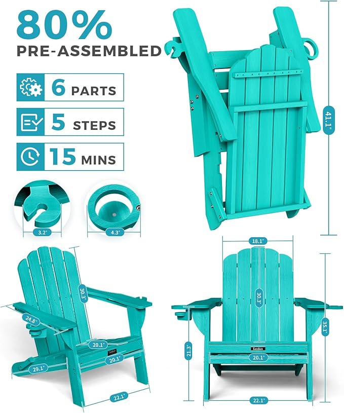 Folding Adirondack Chair, HDPE Adirondack Chair with 2 Cup Holders, Pre-Assembled Outdoor Fire Pit Chairs for Patio, Garden, Poolside, Lakeblue