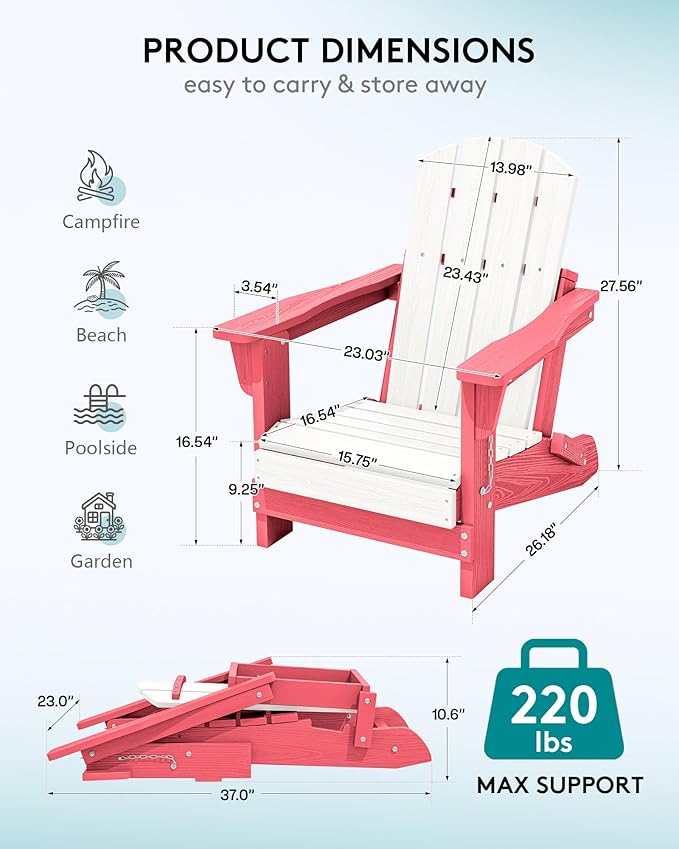 SERWALL Kids Adirondack Chair, HDPE Adirondack Chair for Children,All-Weather Resistant for Patio, Garden, Backyard - White and Light Pink