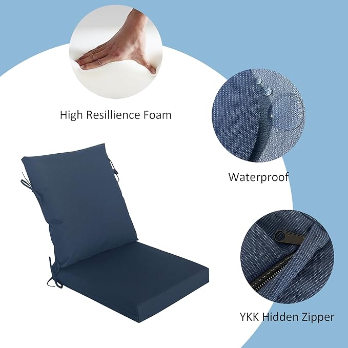 COZYVIDA Outdoor Dining Chair Cushion, Set of 1, 20" x 42",Water-Proof, UV-Resistant 1000+ Hrs, 30D Foam with Recycled Fiber Fill, YKK Zippers, Navy Blue-TPU