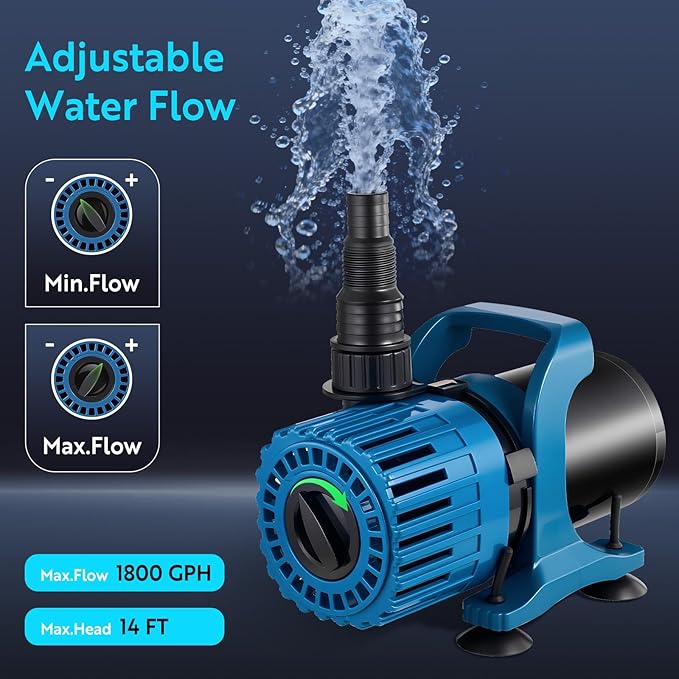 100W 1800GPH Adjustable Flow Pond Pump for Outdoor Ponds, Fountain Pump, Waterfall Pump, Ultra Quiet Operation, UL Listed