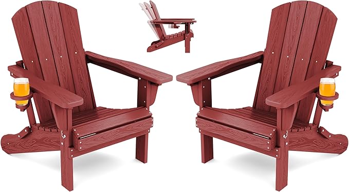SERWALL Folding Adirondack Chair Set of 2, Adjustable Adirondack Chair with 3 Recline Positions, All Weather HDPE Outdoor Adirondack with Cup Holders, Red