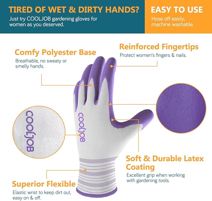 COOLJOB 10 Pairs Gardening Gloves for Women Ladies, Breathable Rubber Coated for Yard Garden, Outdoor Indoor Protective Work, Medium Size, Lavender Purple & Apple Green
