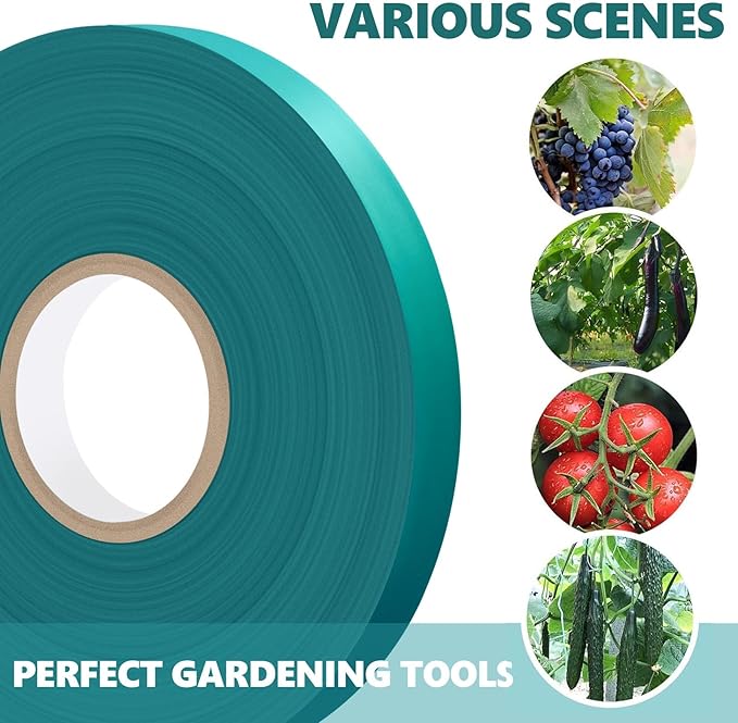 300 Ft Garden Tape Roll, 1/2" Wide Stretch Tie Tape Roll, Thick Sturdy Garden Tie Plant Ribbon Green Vinyl Stake Gardening Support Tools for Indoor Outdoor Patio Plant Use