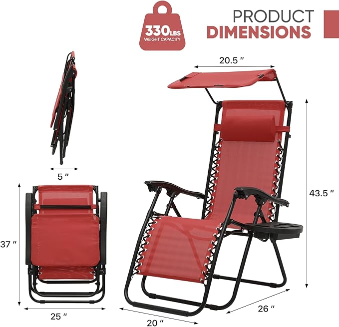 Magshion Zero Gravity Chair with Canopy Set of 2, Reclining Outdoor Patio Lounge Chair, Folding Anti Gravity Recliner, Portable Lounger with Removable Cup Holder Side Tray and Pillow Headrest (Maroon)