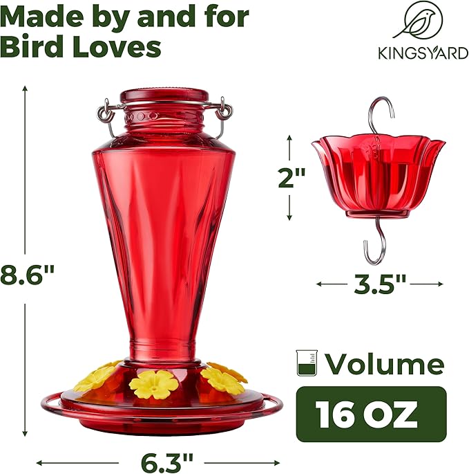 Kingsyard Glass Hummingbird Feeders for Outdoors Hanging Ant & Bee Proof, 16 Ounces Bird Nectar Feeder 6 Flower Feeding Ports, Leak Proof, Easy to Refill & Clean, Ant Moat Included, Red