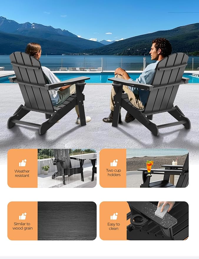 Folding Adirondack Chair Set of 4, Wooden Textured Plastic Adirondack Chairs with 2 Cup Holder, Weather Resistant HDPE Fire Pit Chair, Outdoor Patio Chairs for Garden, Backyard, Lawn, Deck, Black