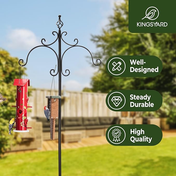 Kingsyard Double Shepherd Hooks for Outdoor - 2 Pack 76" Heavy Duty Bird Feeder Pole with 5-Prong Base, Adjustable Garden Pole for Hanging Bird Feeders Plants Solar Light Lantern, Black