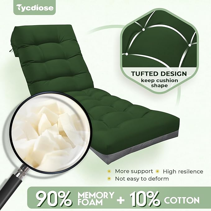 Outdoor Lounge Chair Cushion, Waterproof Replacement Chaise Lounge Cushions for Outdoor Furniture Thickened 71 x 22 x 4.7 Inches Non-Slip Patio Pool Lounge Chair Cushions with Ties (Green)