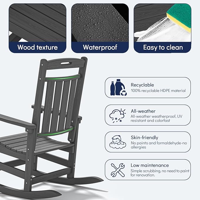 Plawdlik Oversized Rocking Chair,HDPE All-Weather Outdoor Rocking Chair,Patio Rocking Chairs for Porch.Grey