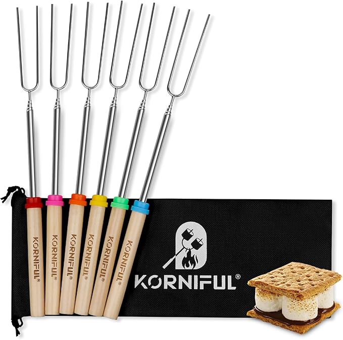 6 pack Smores Sticks for Fire Pit, 32 Inch Marshmallow Roasting long Skewers kit for Campfire - Hot Dog Fork Portable Extendable Stainless Steel Outdoor Trips Accessories