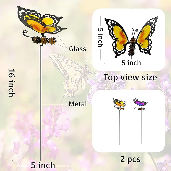 Butterfly Garden Stakes,Butterfly Kit Made of Glass and Metal,Colorful Butterflies Garden Decorations Can Make The Garden Full of Color and Vitality. (Yellow and Purple)