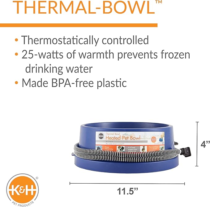 K&H Pet Products Thermal-Bowl Outdoor Heated Cat & Dog Water Bowl Blue 96 Ounces