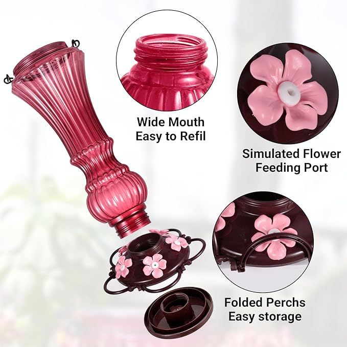 Hummingbird Feeder for Outdoors Plastic Humming Bird Nectar Feeders with 5 Flower Feeding Ports Hanging for Garden Decor, 20 oz (2 Pack