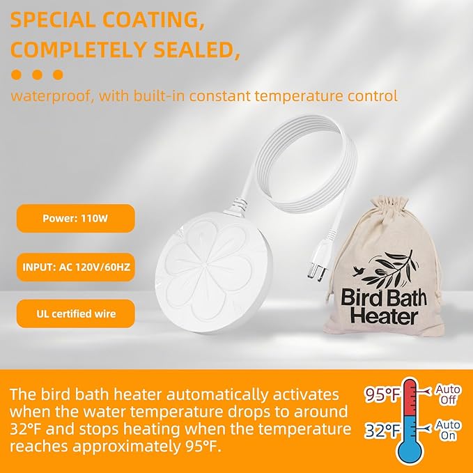 110W Bird Bath Heater for Outdoors in Winter–Submersible Pond Deicer,Cast Aluminum Thermostatic Chicken Water Heater,Power Cord 4.92 Ft/1.5M(White)