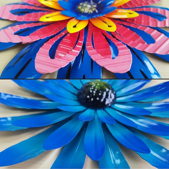 2PCS 12 Inch Metal Flower Wall Decor - Blue and Red, Vibrant Rustic Modern Hanging Art Sculpture - Decoration for Farmhouse, Fence, Patio, Living Room - Kitchen and Bathroom Art Wall Decor
