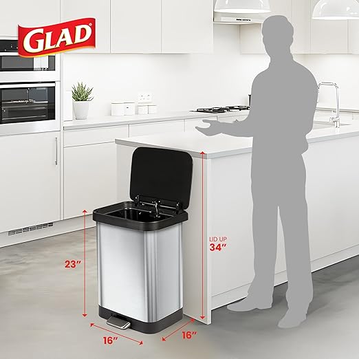 Glad 13-Gallon Stainless Steel Step Trash Can with Clorox Odor Protection, Soft Close Lid, Foot Pedal & Waste Bag Holder – Large Indoor Metal Garbage Bin for Kitchen, Home & Office Use
