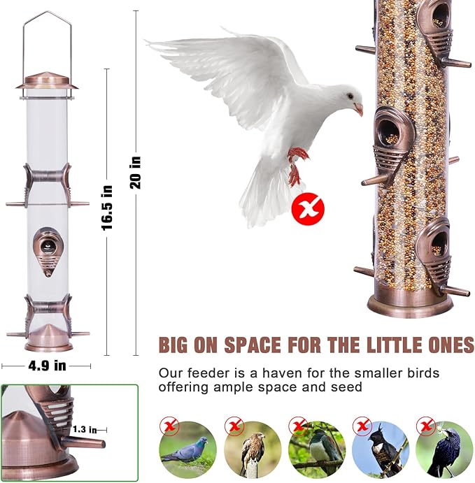 ERYTLLY Metal Bird Feeder for Wild Birds - 1.4mm Extra Thick Solid Transparent Tube With Steel Hanger, Squirrel Proof for Outside (Antique Copper-Metal 6 Feeding Ports)