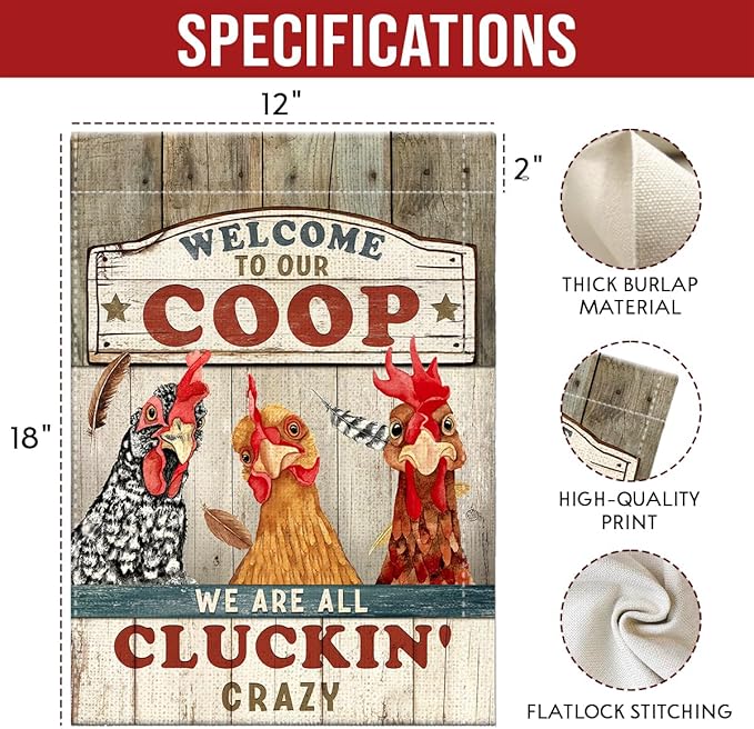 Garden Flag Christmas, Chicken Coop Yard Flag Markers, Welcome Banner for Rustic Farmhouse, Funny Chicken Gifts Sign for Women Men Farmer