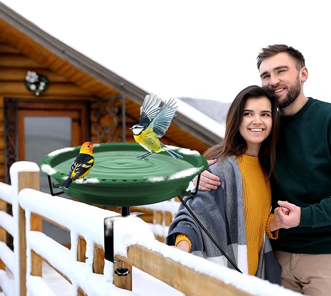 Daoeny Heated Bird Bath for Deck Railing, Upgraded 100W Heated Bird Baths for Outdoors Thermostat Control, Heated Bird Bath for Outside Winter Garden Yard Patio Decor (Green)