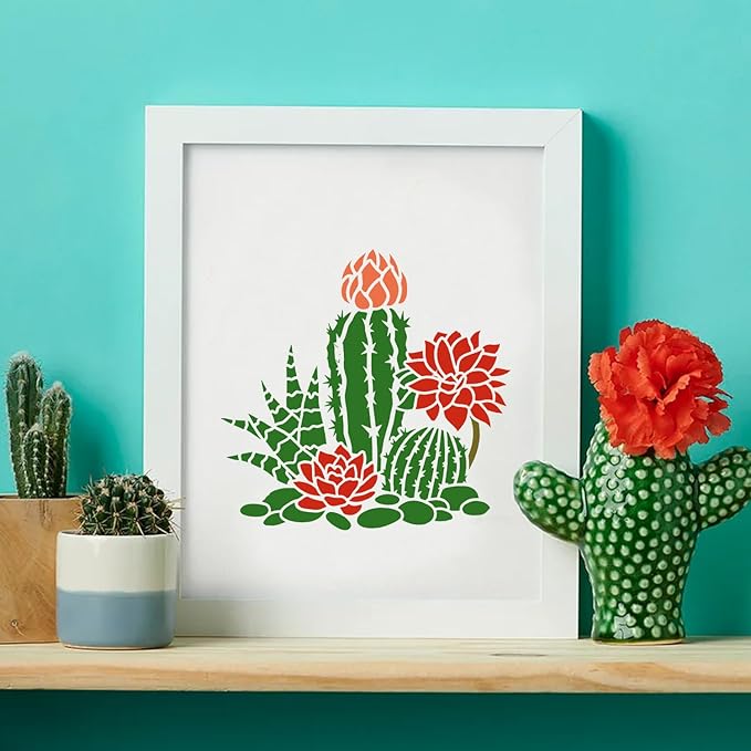 25 PCS Cactus Stencils Reusable Summer Cacti Stencils for Painting on Wood, Tropical Succulent Template for Painting on Furniture Wall Floor Canvas DIY Craft Home Decor, 6 x 6 Inch