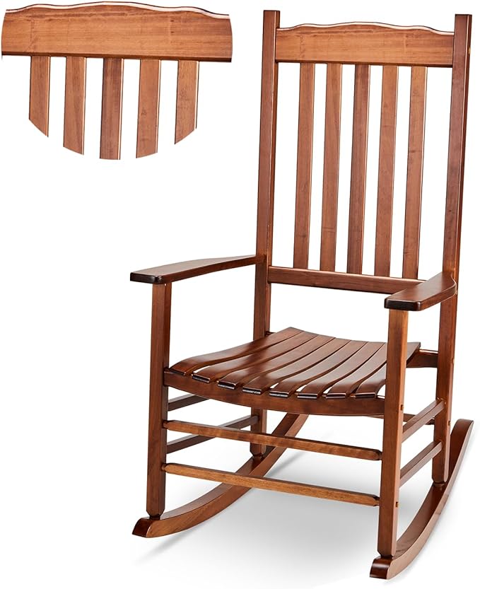 Outvita Outdoor Rocking Chair, Solid Wood High Back Rocker, All Weather Lounge Chair for Porch Patio Fire Pit Garden Backyard Deck Indoor, Wave Shape, Natural