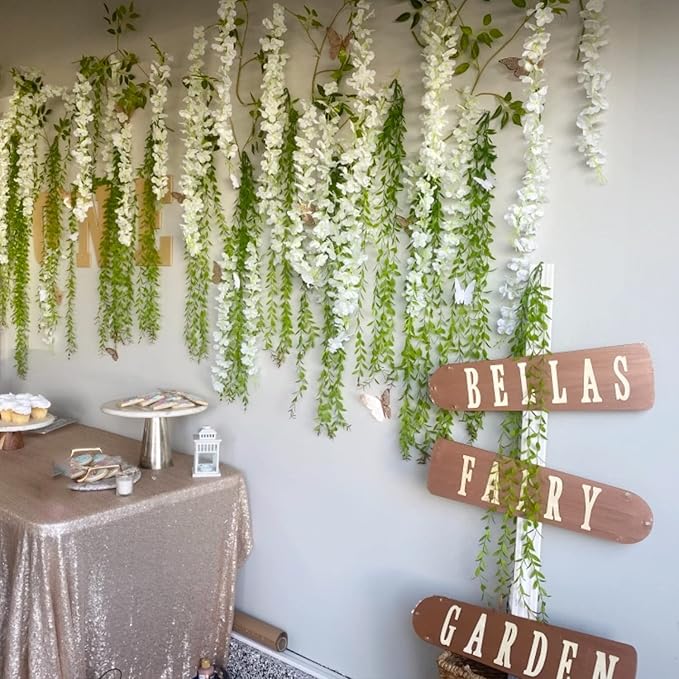 Artificial Wisteria Hanging Flowers Fake Wisteria Flower Garland Silk Vines Rattan Decor for Home Wedding Arch Wall Garden Greenery Bedroom Outdoor Office Party Decoration (12, White)