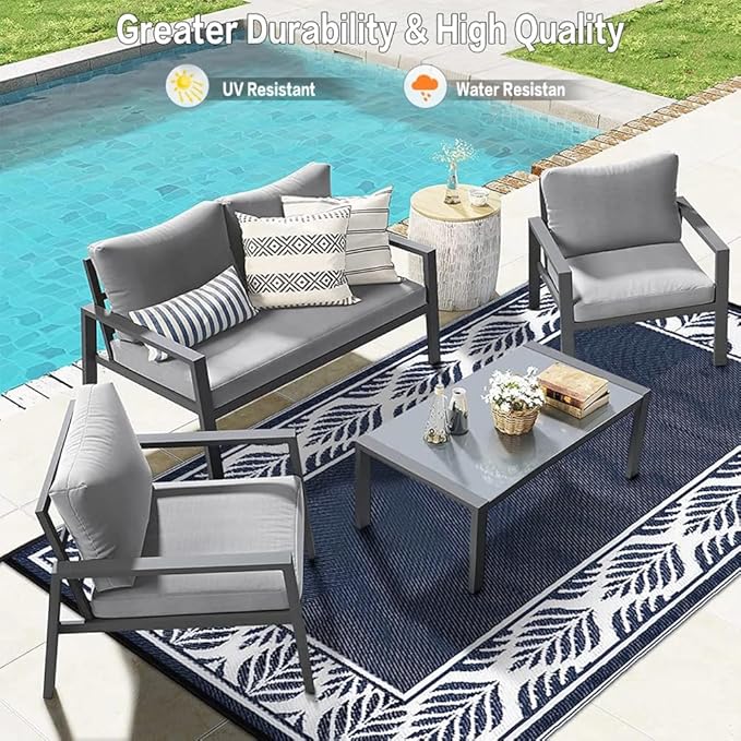HUGEAR Outdoor Plastic Straw Rug, Waterproof Mat, Washable Large Floor Mat and Rug for Outdoors, RV, Beach, Patio, Camping, Backyard, Deck, Picnic, Outside (5x8ft,Olive-Leaf/Dark Blue&White)