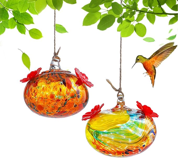 Set 2 Hummingbird Feeders for Outdoors Hanging 3.2in Small Blown Glass Humming Bird Feeder for Window Humming Bird Feeders with 2 Flower Feeding Ports