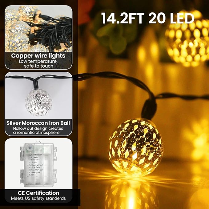 String Lights Indoor 20 LED Moroccan Fairy Lights Battery Operated with 8 Modes Outdoor Waterproof Globe Light for Home Patio Wedding Diwali Christmas Decor, Warm White