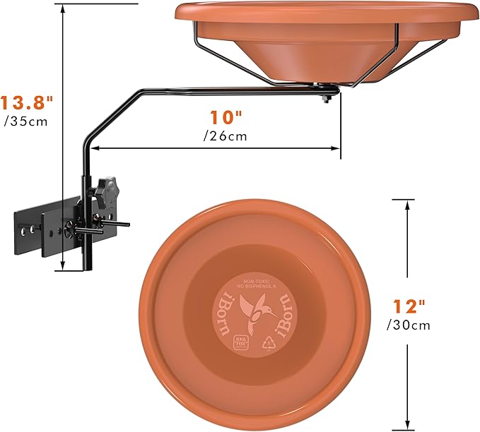 iBorn Bird Bath for Outside，Fence Mounted Bird Bath，Bird Baths for Outdoors, 12in BPA-Free Bowl，360°Swivel & Adjustable Height Bracket，Detachable Bird Bath for Fence Railing, Pack of 1
