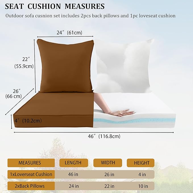 Outdoor Loveseat Cushion Set for Patio Couch/Sofa, 46 x 26 Inch Waterproof & Fade Resistant Patio Furniture Chiar Cushions with Removable Cover (Coffee Brown, 46''Lx26''Wx4''H-Loveseat Cushion Set)