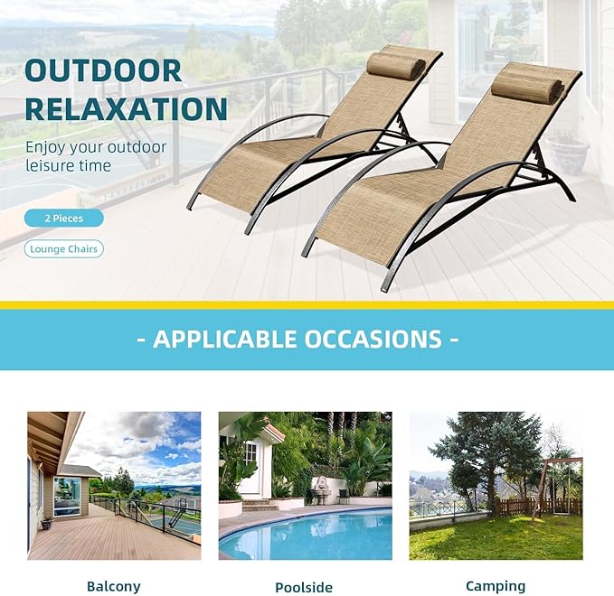 EROMMY Patio Chaise Lounge Chair Set of 2, Outdoor Lounge Chairs with 5 Position Adjustable Backrest, All-Weather Waterproof Pool Lounge Chairs for Poolside Beach Yard