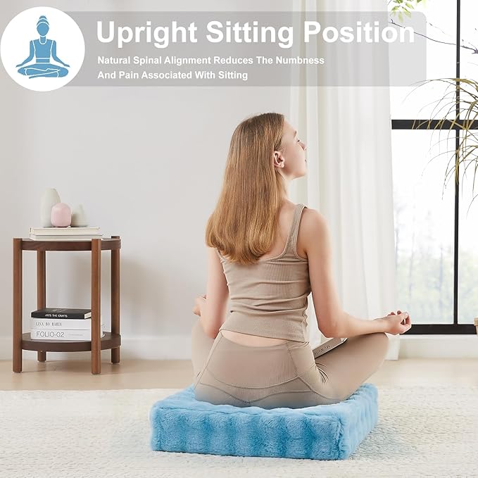 22 inches Floor Pillow for Adults - Large Meditation Cushion with Thick Foam & Soft Tufted Cover - Premium Outdoor Square Floor Cushion Seat - Yoga Pillows for Sitting On Floor - Sky Blue