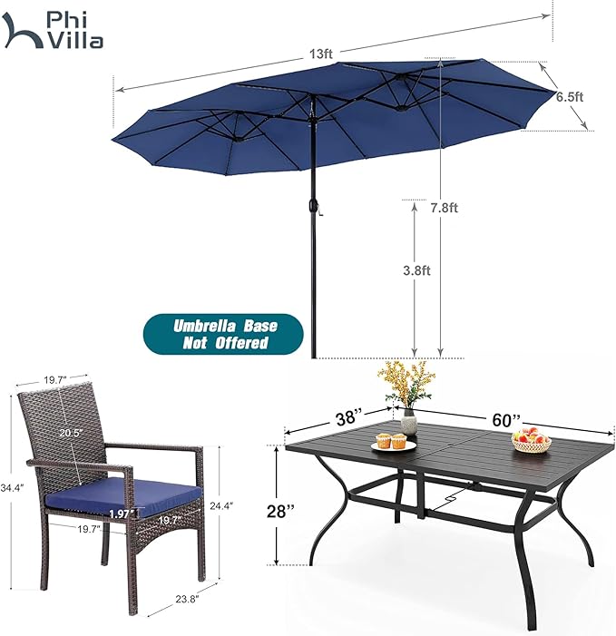 PHI VILLA 7 Piece Patio Dining Furniture Set with Umbrella, 60” Rectangular Metal Dining Table & 6 Cushioned Rattan Wicker Chairs & 13ft Large Blue Umbrella for Outdoor, Deck, Yard, Porch