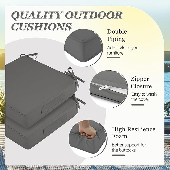 Waterproof Outdoor Chair Cushions Set of 2, Square Outdoor Seat Cushions with Ties and Removable Covers, 22 x 22 Outdoor Cushions for Patio Furniture with Portable Handle(Grey)