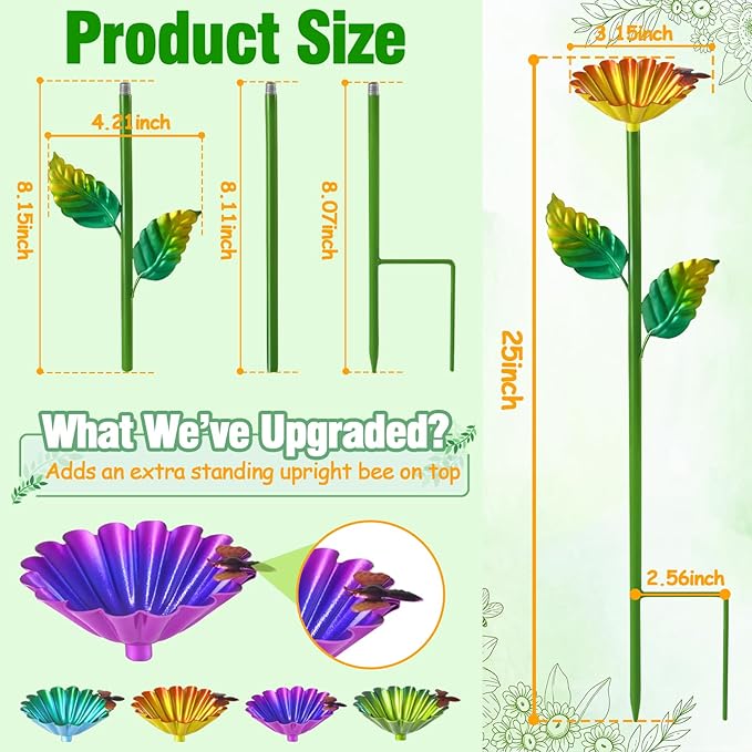 4 Pack Bee Watering Station, Metal Bee Water Station with Flower Design Colorful Butterfly Bath Bowl Drinking Feeder Cups for Outdoor Garden Yard Decor (Purple,Green,Blue,Yellow)
