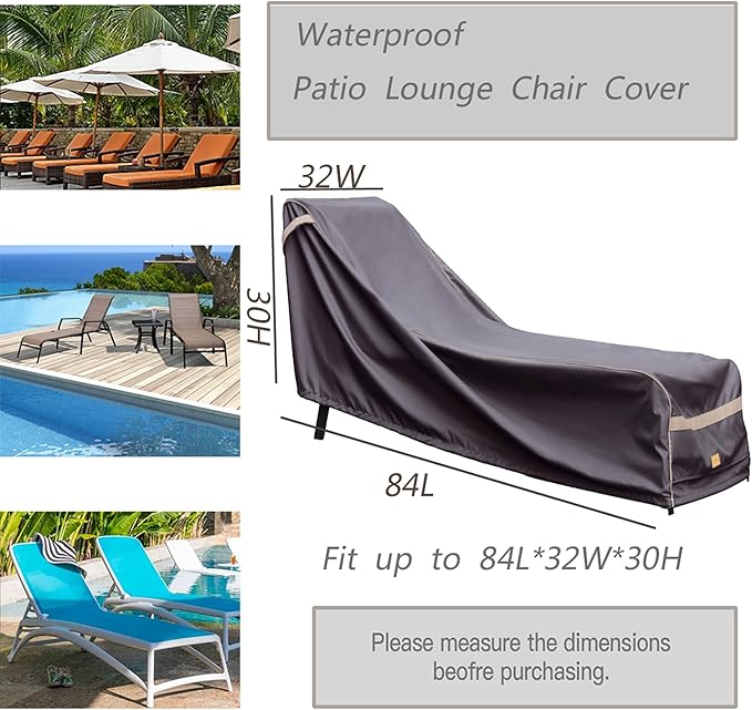 Patio Chaise Lounge Cover Waterproof, Heavy Duty Outdoor Lounge Chair Covers, Dark Grey Durable Patio Furniture Covers, 2Pack, 84"L*32"W*30"H