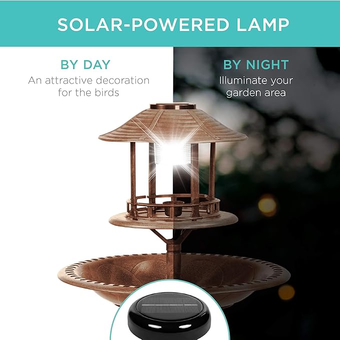 Best Choice Products Solar Outdoor Bird Bath Vintage Resin Pedestal Fountain Decoration for Yard, Garden w/Planter Base, Feeder, Decorative Bird Cage, Fillable Stand - Bronze