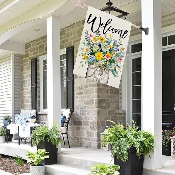 CROWNED BEAUTY Spring Floral House Flag Mason Jar 28x40 Inch Double Sided Large Burlap Holiday Flag for Outside Yard Welcome CF1377-40