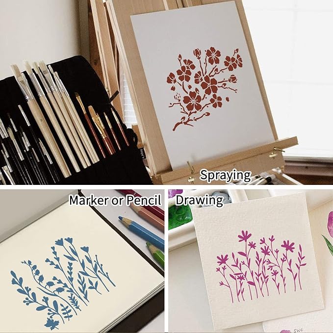 16 Pieces Wildflower Stencils for Painting, Reusable Large Spring Wild Flower Stencils Wall Stencils, DIY Large Drawing Template Stencil for Painting on Wood Wall Canvas Home Decor(8.3x11.7Inch)