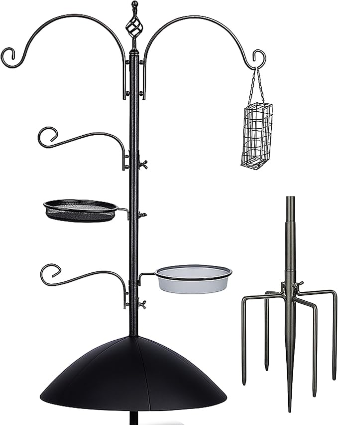 Backyard Expressions Heavy Duty Bird Feeding Station Kit w/Squirrel Baffle - 90" Bird Feeder Pole with 5 Prong Base, Suet Feeder, Mesh Feeding Tray, 4 Feeder Hooks, Water Dish - Black w/Gold Fleck