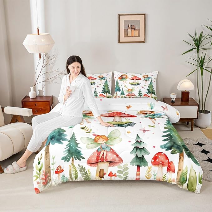 Erosebridal Mushroom & Fairy Full Bedding Set - Butterfly Comforter Set for Kids Girls, Whimsical Fairies Garden Quilt | Forest Themed Butterflies Bedroom Decor with 2 Pillowcases