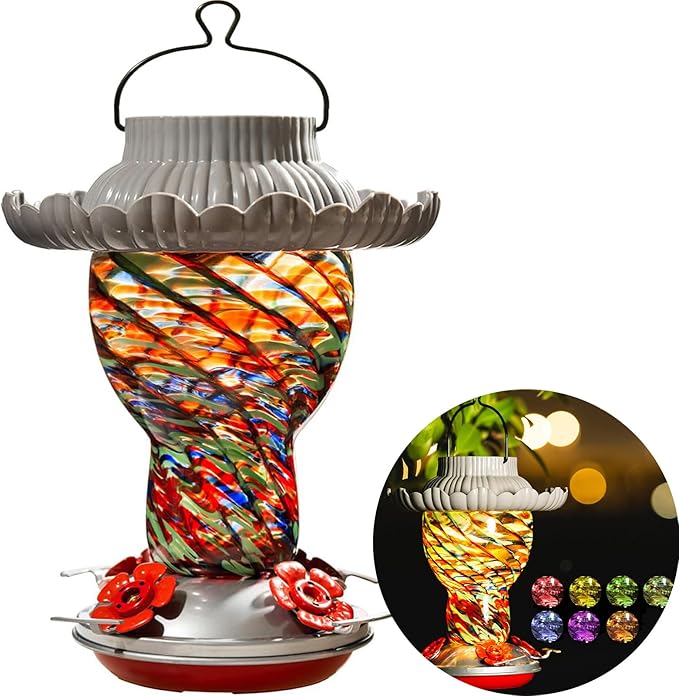 Solar Hummingbird Feeder for Outdoors Hanging Ant and Bee Proof, 25oz Color Changing Light Hand Blown Glass, Leakproof Garden Decor, Gitfs for Bird Lover (Multicolored)